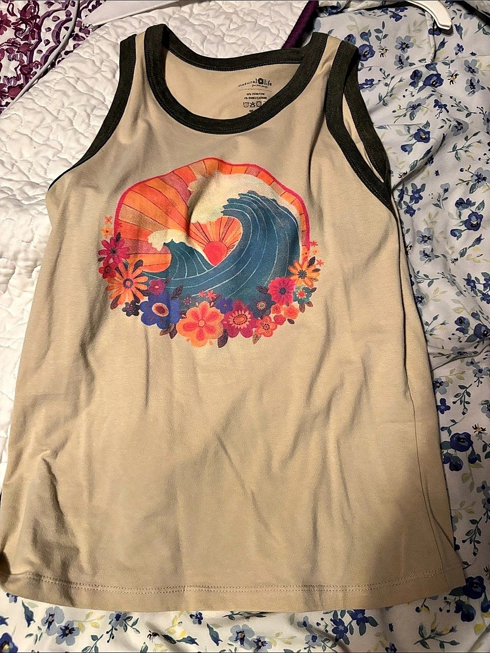 Natural Life Ringer Tank Top - Seas The Day Beige & Blue